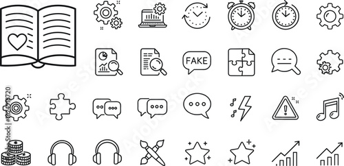 Minimal black line icon set including time, music, chart, gear, star, chat, research, puzzle, cad drawing flat vector illustration