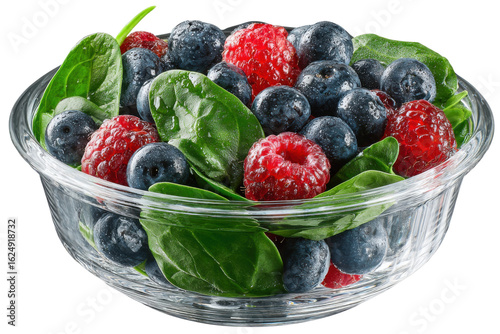 Fresh berry and spinach salad bowl a bright kitchen capture. Isolated on transparent background, png.