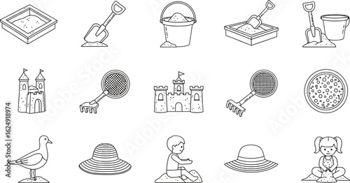 Beach sand toys and kids summer vacation outline drawing set