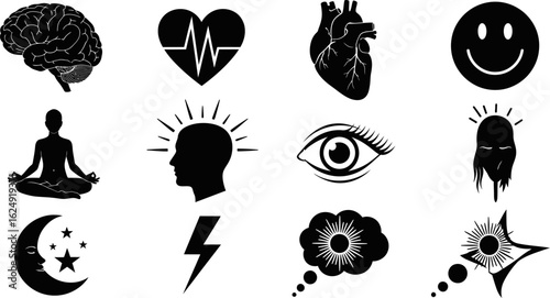 Mental health wellbeing icons brain heart meditation vector