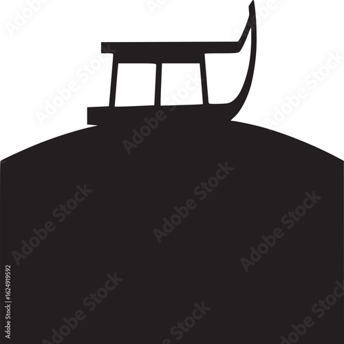 A minimalist black and white silhouette of a sled on a snowy hill against a white background