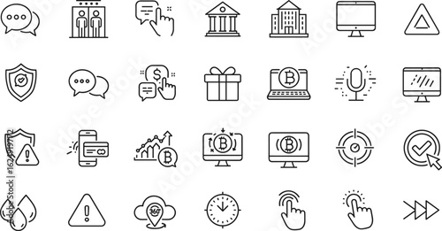 Modern minimal icon collection with finance, security, chat, bitcoin, alert, touchscreen, microphone, technology, cad drawing flat vector illustration