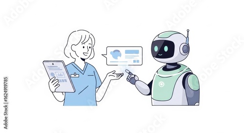 Depiction of a healthcare professional interacting with an advanced medical assistance robot for