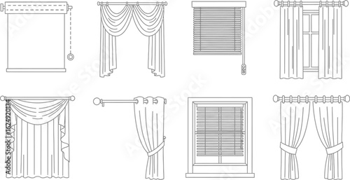 Collection of various window curtain and blind styles in a line drawing