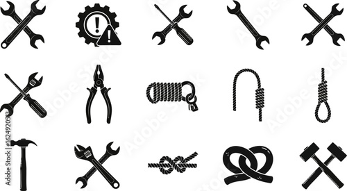 Collection of black and white silhouettes of various tools and hardware