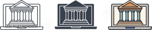 Digital banking and online financial services represented by bank icons on laptops