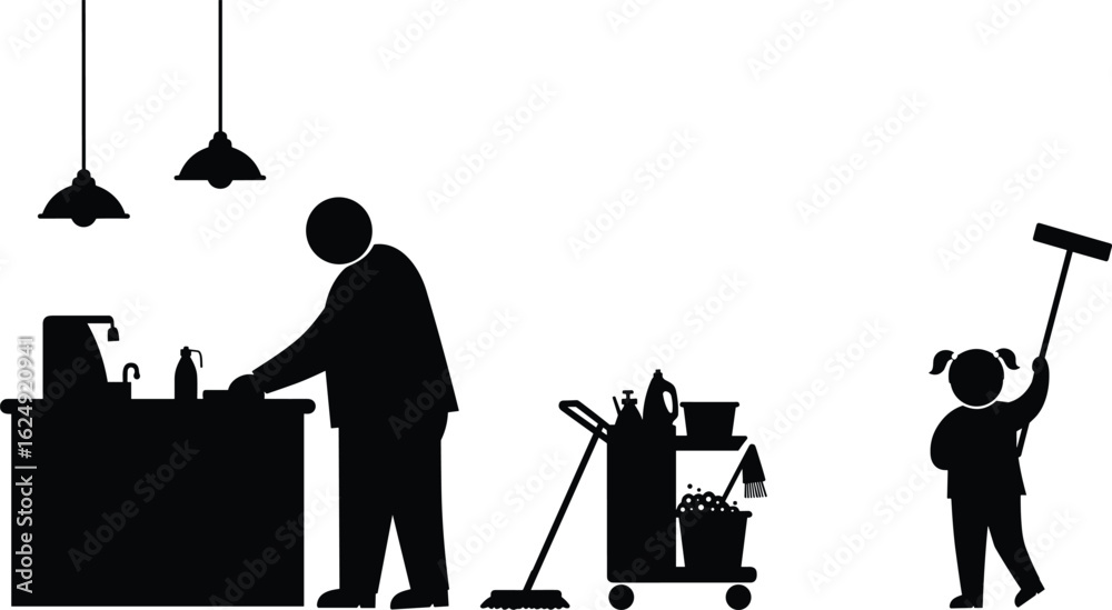 Obraz premium Silhouette of janitor and child with mop, cleaning tools and cart in workplace environment, representing teamwork, hygiene, sanitation service.