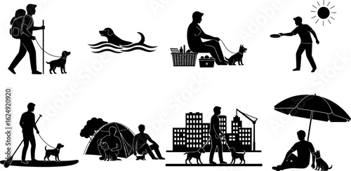Silhouettes of people and dogs enjoying various outdoor activities together