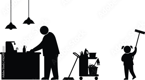 Silhouette of janitor and child with mop, cleaning tools and cart in workplace environment, representing teamwork, hygiene, sanitation service.