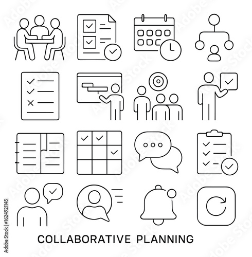 Collaborative planning icons: teamwork, scheduling, communication in modern design