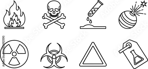 Collection of hazard warning symbols and icons in a clean outline style