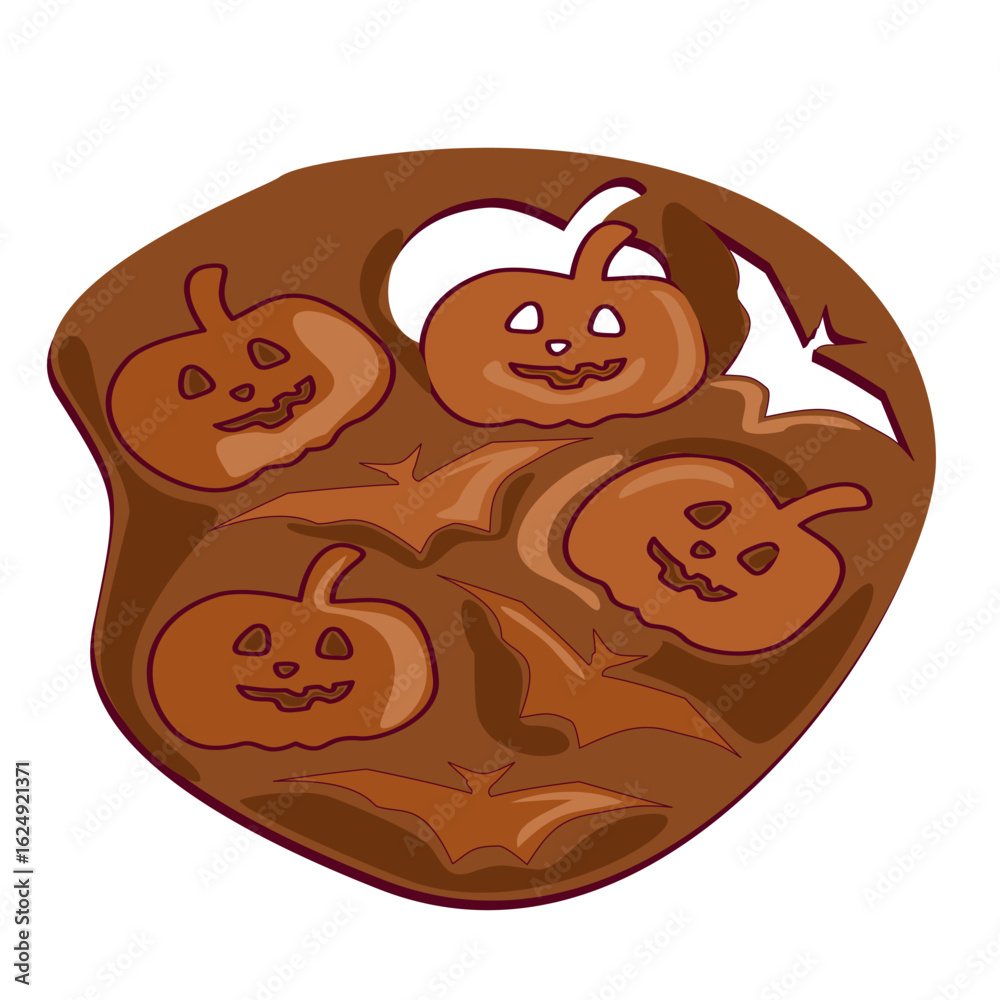 Fototapeta premium Halloween pumpkin and bat ginger cookies clipart – spooky treat. Hand-drawn chocolate cookies with carved pumpkin faces. Fun clipart for Halloween party designs and spooky food art.