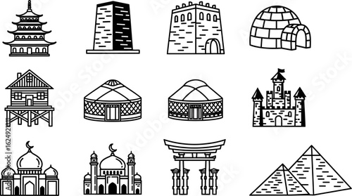 Collection of hand drawn architectural landmarks from around the world