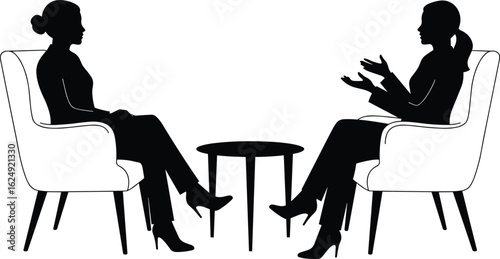Silhouette of two women having conversation in chairs, business meeting or therapy session, perfect for counseling, interview, communication visuals.