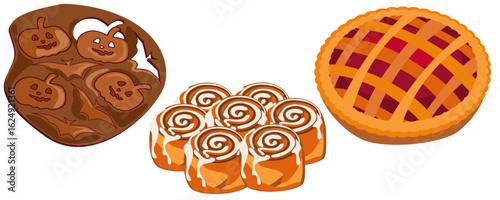 Autumn dessert set – pie, cinnamon rolls, and Halloween cookies
 Set of seasonal baked goods including pumpkin cookies, lattice pie, and cinnamon rolls. Ideal for fall food illustrations and cozy