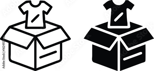 T-Shirt Unboxing Icon Set, Clothing Package Vector Outline Silhouette Illustration