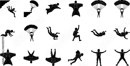 Collection of skydiver silhouettes in various freefall and parachute poses
