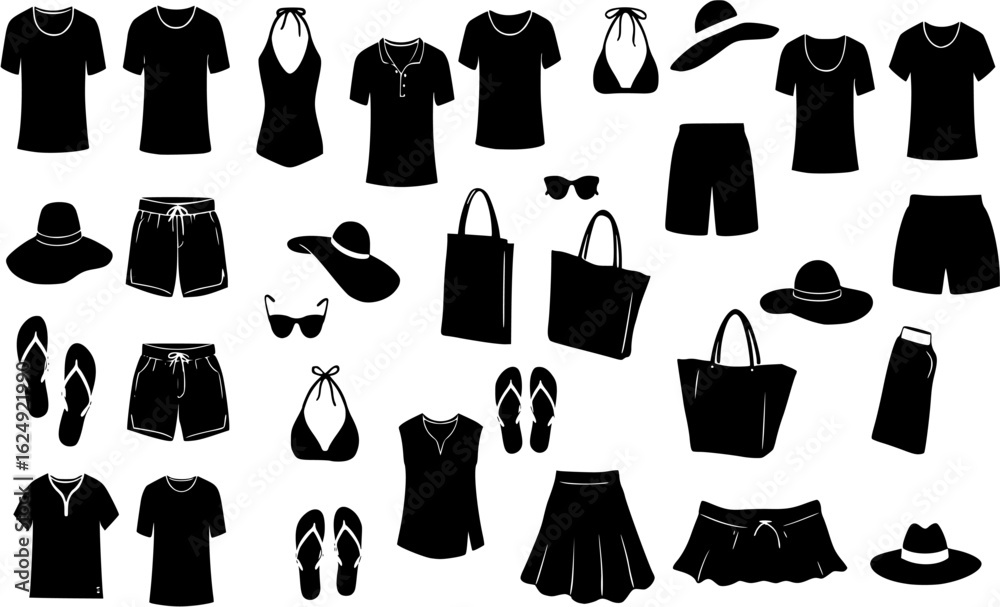 Fototapeta premium Summer vacation clothing and accessories collection vector silhouette