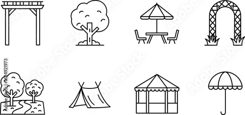 Collection of hand drawn outdoor elements and structures for garden and events