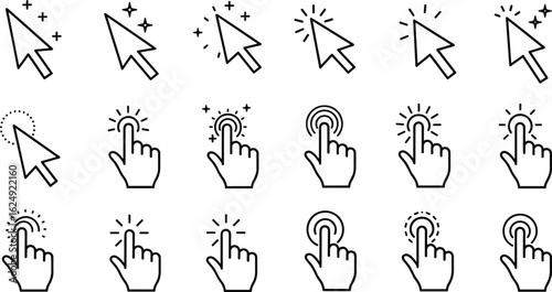 Mouse pointer and hand icon set, interactive click symbols, UI UX vector pack, cad drawing flat vector illustration for web