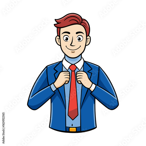 Empowering Executive Boss Adjusting His Tie Confidently: Modern, Stylish Corporate Portrait Vector Illustration for Dynamic Business Leadership, Success, and Professionalism
