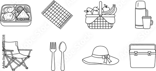 Collection of hand drawn picnic essentials and accessories for outdoor leisure