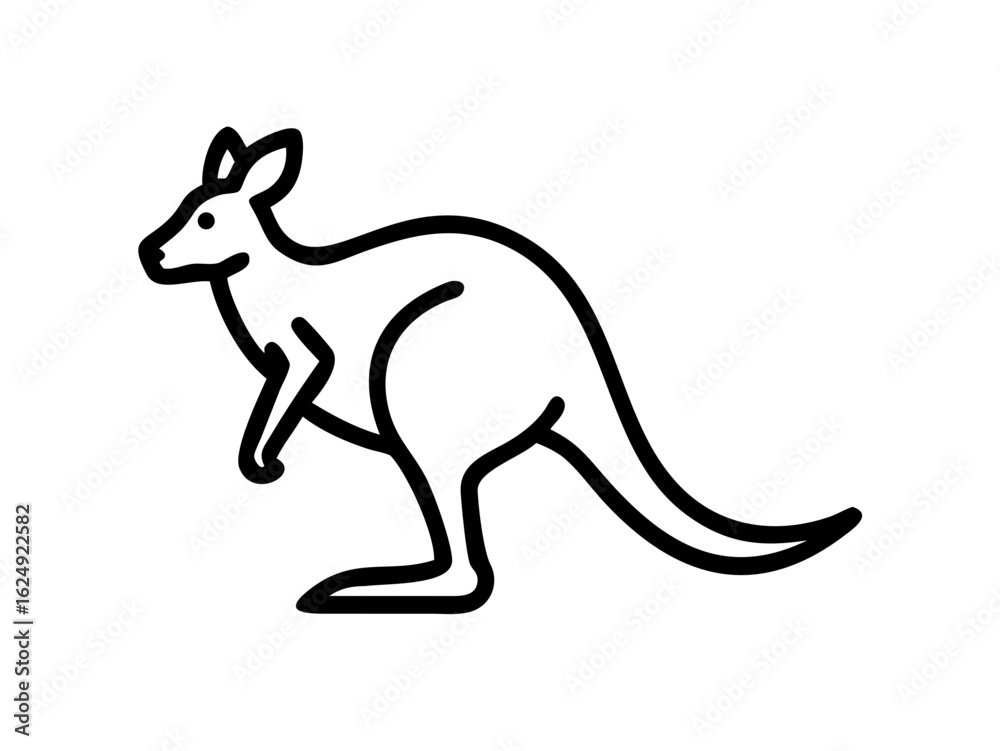 Fototapeta premium Simple black line drawing of a kangaroo in motion. A clean, minimalist black line illustration of a kangaroo in a dynamic leaping pose against a pure white background.