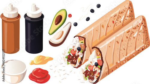 Two burritos with various toppings and condiments including avocado and sauce bottles displayed