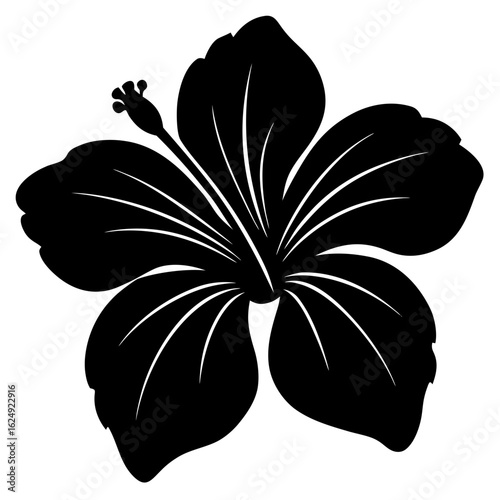 Elegant black silhouette of a tropical hibiscus flower with detailed petals and stamen