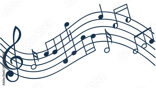 Stylized dark blue musical notes and staff flowing in a wavy pattern on white background