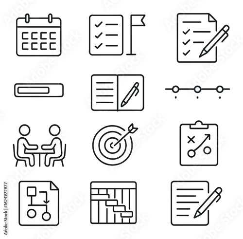 Business planning icons set featuring calendar, checklist, strategy, writing, and meetings