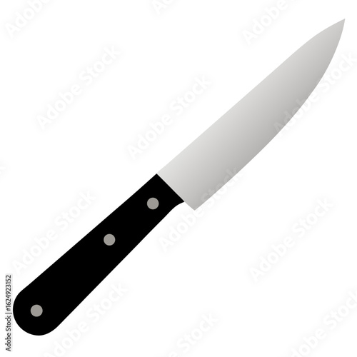A sharp polished steel kitchen knife with a black handle and silver rivets isolated on a white background
