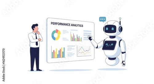 Illustration of a business professional analyzing performance data with robot assistance in a