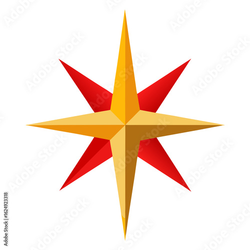 A stylized eight pointed starburst symbol in vibrant red and gold colors on a white background