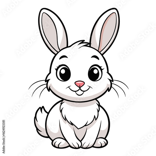 Adorable cartoon white bunny rabbit with big eyes and long ears sitting on a white background
