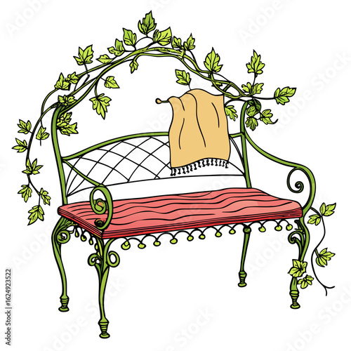 Charming green garden bench with a red wooden seat and a draped blanket covered in vines