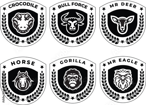 Animal Face Badge Logo Set  Monochrome Vintage Style (6 Emblems)