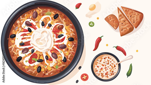 Overhead view of two bowls of chili with toppings and toasted bread slices on a light background