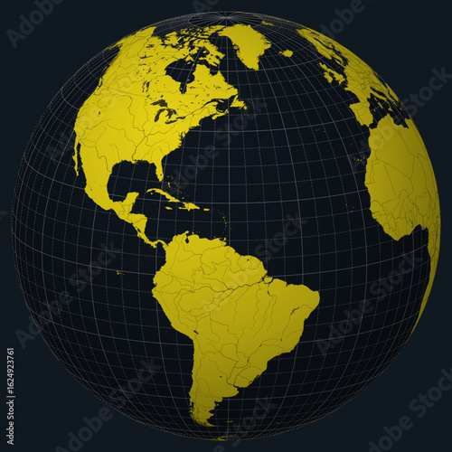 Saint Lucia on Globe. Country view on the world map in Charcoal Bright Yellow color palette. Saint Lucia shape on map. Globe with meridians, parallels, countries, rivers and lakes.
