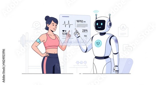 Illustration of a robot personal trainer guiding a woman with her workout regime analysis