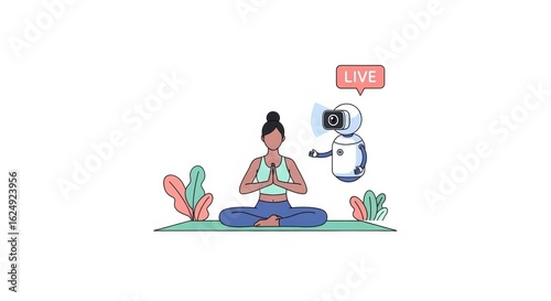 Live yoga session with a robot instructor offering remote personalized guidance and support