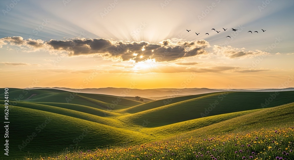 Fototapeta premium 3d icon of rolling green hills under a bright sunrise with birds flying in the sky transparent background
