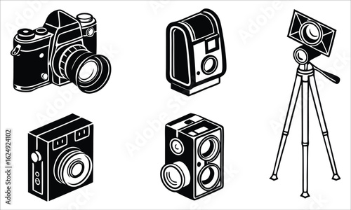 Collection of cameras and tripod in isometric view