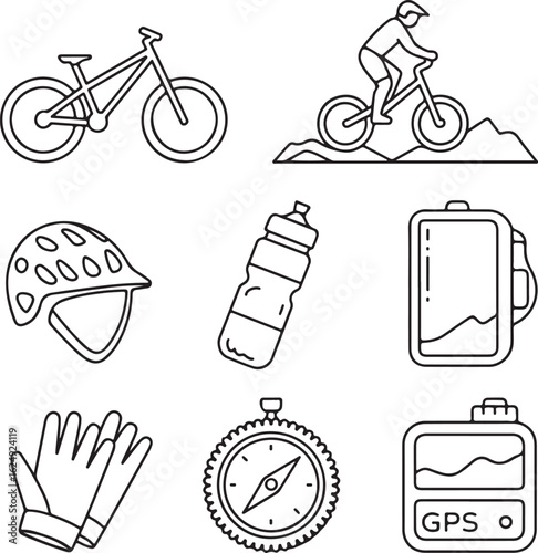 Mountain Biking Adventure Line Icons  Trail Bike, Rough Terrain, Helmet, Water Bottle, Action Pose, Compass, and GPS Tracker