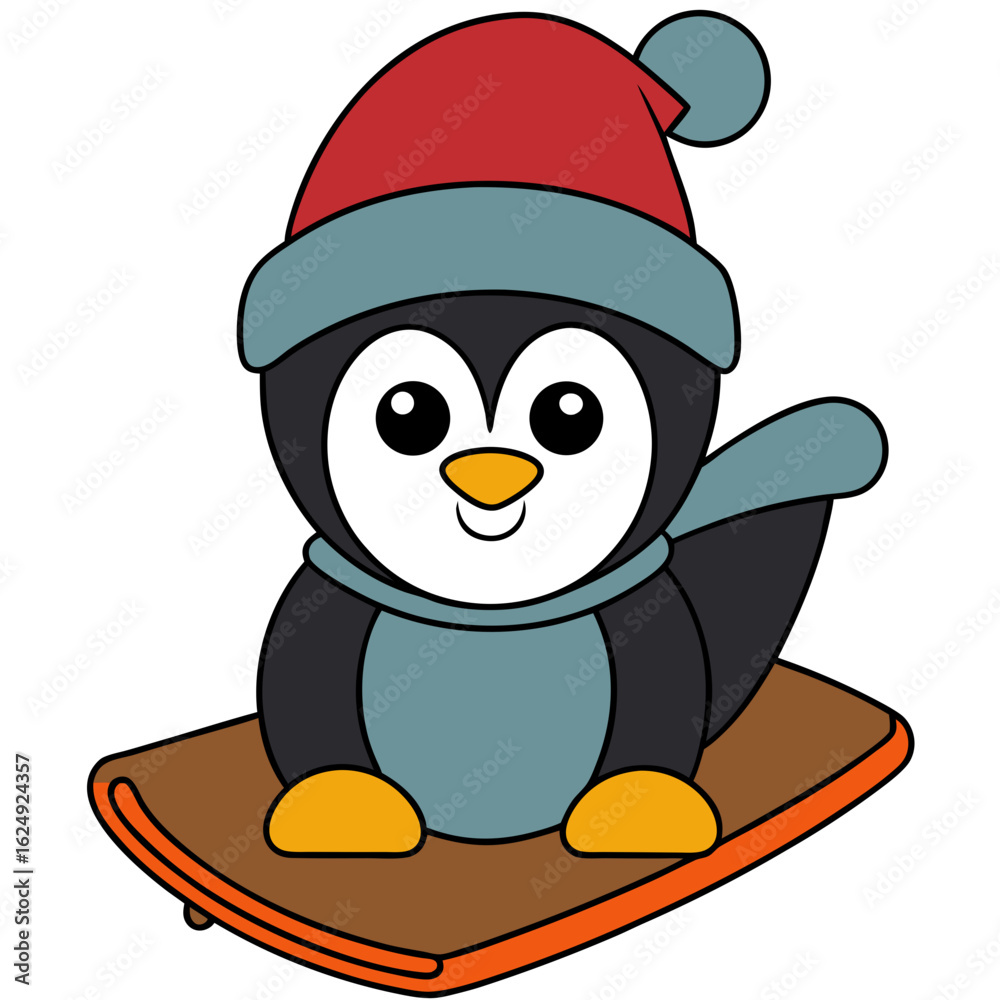 Cute cartoon penguin wearing a red hat and scarf riding a snowboard during winter Cute cartoon penguin wearing a red hat and scarf riding a snowboard during winter