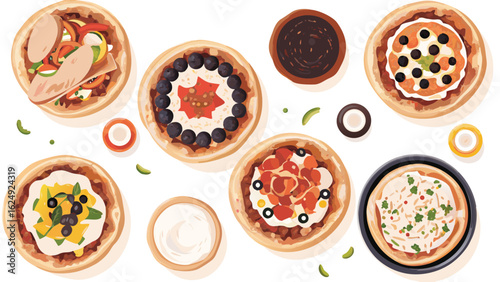 Overhead view of an assortment of mini pizzas with various toppings and sauces arranged neatly