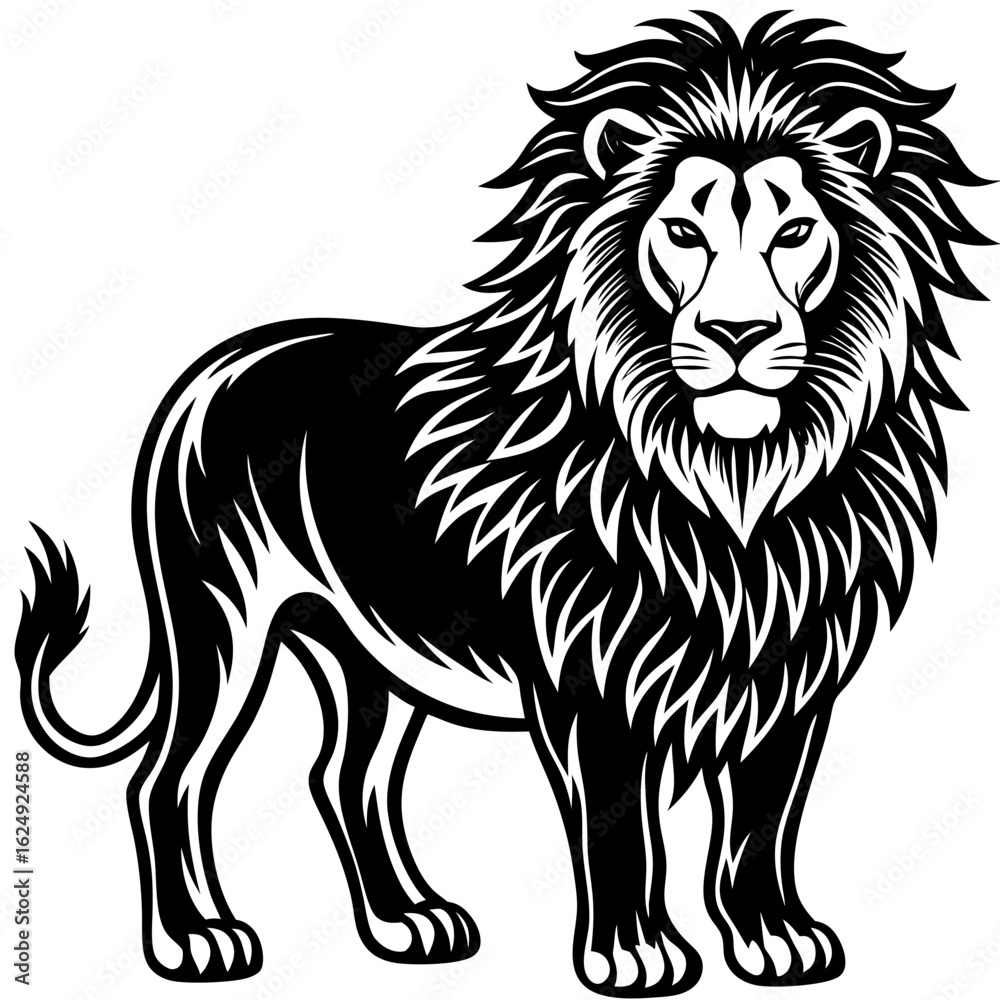 Obraz premium Majestic black and white stylized lion standing proudly with a full mane and tail