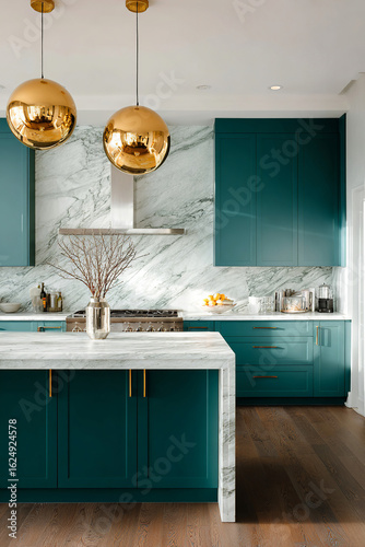 A modern kitchen with Transformative Teal (#306263) cabinets, marble backsplash, and gold pendant lights, showcasing a modern, luxurious style with a Transformative Teal (#306263) color scheme.