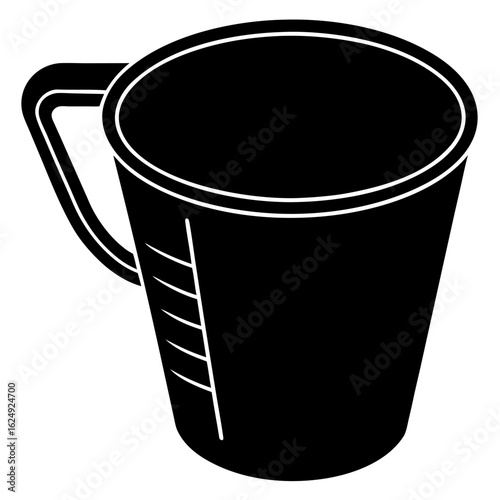 Black silhouette of a measuring cup with a handle and measurement markings on a white background