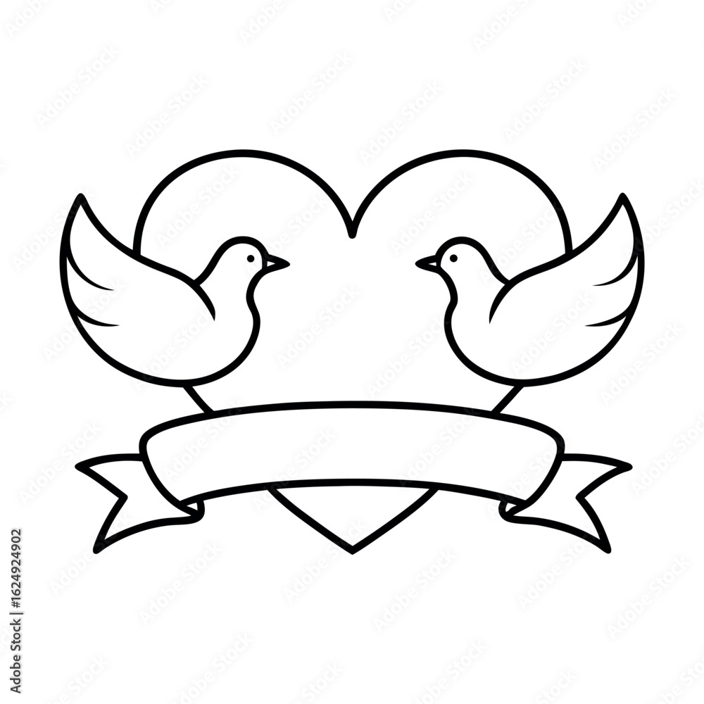 Obraz premium Two Doves with Heart and Banner Outline